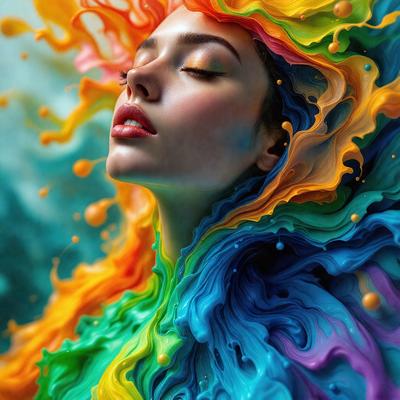 The primary subject of the image is a woman with a colorful, rainbow-like hair. She is lying down and appears to be sleeping. The setting is a colorful, abstract background that complements the woman's vibrant hair. The visual style is a digital art or illustration, creating a unique and artistic representation of the woman. The colors and mood of the image are lively and energetic, with the woman's hair being the main focus and source of color.